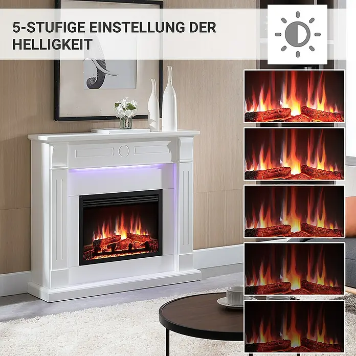 Balderia Elektrischer Kamin HI-AP 3D-Flammeneffekt Wifi App - Weiß, 110 x 31,4 x 98,8 cm - Elektrischer Kamin mit 5 Helligkeitsstufen. Die Helligkeit des Kaminfeuers ist individuell einstellbar für eine gemütliche Atmosphäre.
