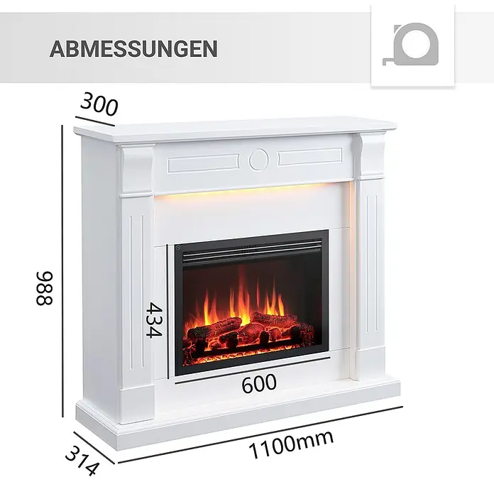 Balderia Elektrischer Kamin HI-AP 3D-Flammeneffekt Wifi App - Weiß, 110 x 31,4 x 98,8 cm - Abmessungen des Kamins mit den Maßen 988 x 1100 mm, Tiefe 314 mm, Breite des Kamins 600 mm und Tiefe der Oberseite 300 mm.