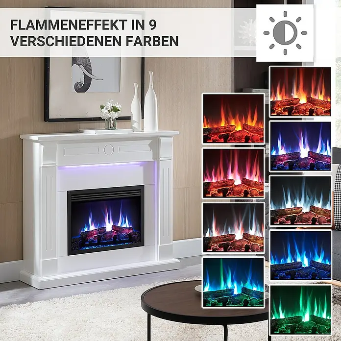 Balderia Elektrischer Kamin HI-AP 3D-Flammeneffekt Wifi App - Weiß, 110 x 31,4 x 98,8 cm - Der elektrische Kamin mit 9 verschiedenen Farbeinstellungen für einen realistischen Flammeneffekt, um eine gemütliche Atmosphäre zu schaffen.