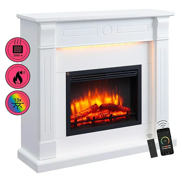 Balderia Elektrischer Kamin HI-AP 3D-Flammeneffekt Wifi App - Weiß, 110 x 31,4 x 98,8 cm - Eleganter elektrischer Kamin mit realistischen Flammen und Fernbedienung für gemütliche Wärme und Atmosphäre.