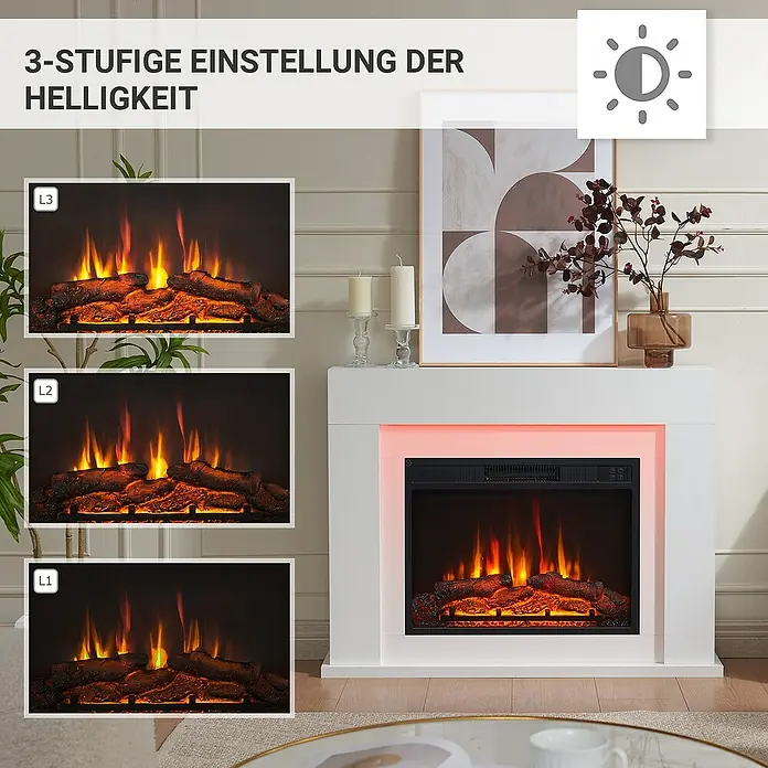 Balderia Elektrischer Kamin FD-WE 3D-Flammeneffekt - Weiß, 99,3 x 19,2 x 76 cm - Das Bild zeigt einen elektrischen Kamin mit 3-stufiger Helligkeitseinstellung für eine gemütliche Atmosphäre in jedem Raum.
