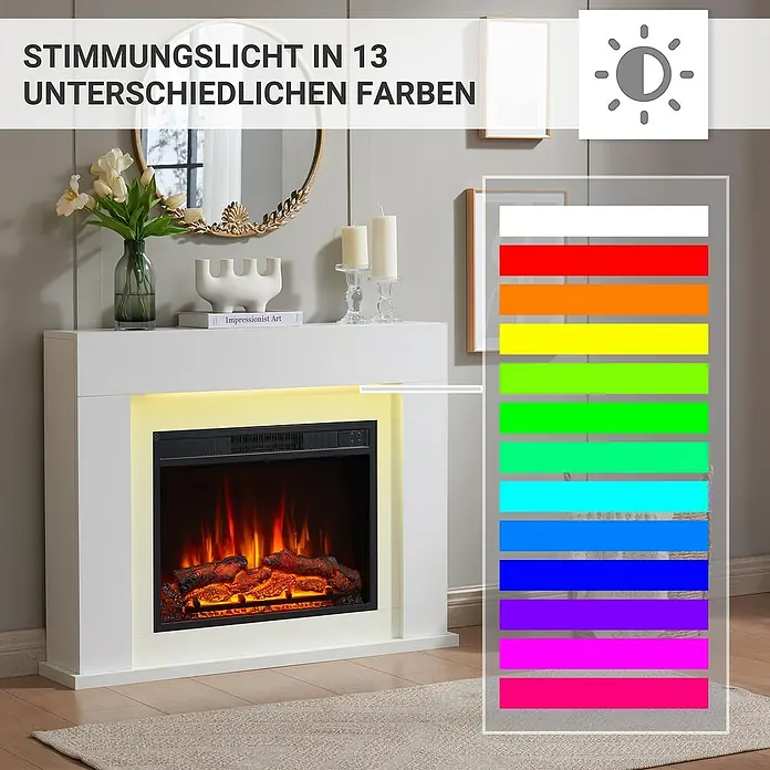 Balderia Elektrischer Kamin FD-WE 3D-Flammeneffekt - Weiß, 99,3 x 19,2 x 76 cm - Stimmungsvoller Elektrokamin mit 13 verschiedenen Farboptionen für eine individuelle Atmosphäre in Ihrem Zuhause.