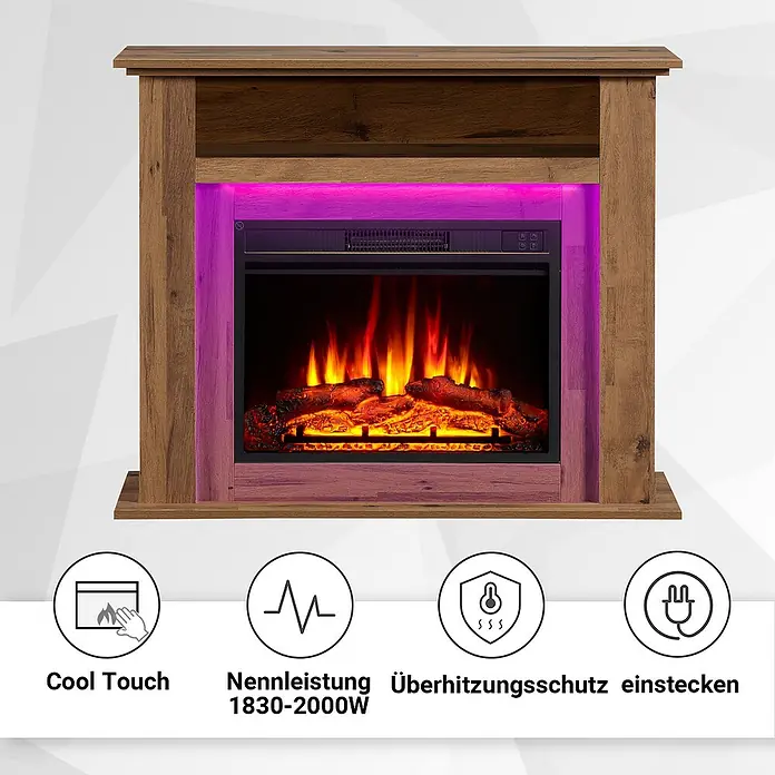 Balderia Elektrischer Kamin LI-EO 3D-Flammeneffekt - Dunkle Eiche, 100 x 25 x 82 cm - Bild eines elektrischen Kamins in Holzoptik mit LED-Beleuchtung und Funktionen wie Cool Touch und Überhitzungsschutz.