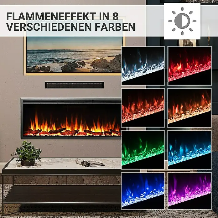 Balderia Elektrischer Kamin AT-50 3D-Flammeneffekt Wifi App - Schwarz, 127 x 14,6 x 48 cm - Elektro-Kamin mit 8 verschiedenen Flammfarben, der eine warme und einladende Atmosphäre in jedem Raum schafft.