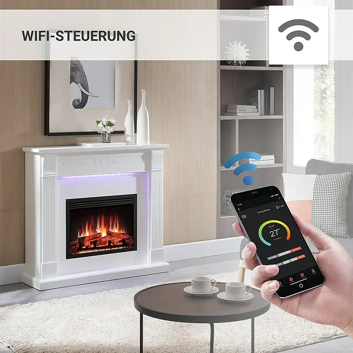 Balderia Elektrischer Kamin HI-AP 3D-Flammeneffekt Wifi App - Weiß, 110 x 31,4 x 98,8 cm - Smart Home Kamin mit WiFi-Steuerung zur Temperaturregelung per Smartphone.