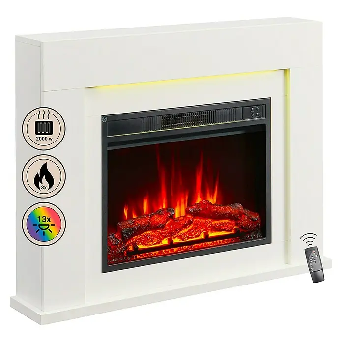 Balderia Elektrischer Kamin FD-WE 3D-Flammeneffekt - Weiß, 99,3 x 19,2 x 76 cm - Elektrischer Kamin mit Flammeneffekt und Heizfunktion. Das Gerät verfügt über verschiedene Einstellungen und eine Fernbedienung.
