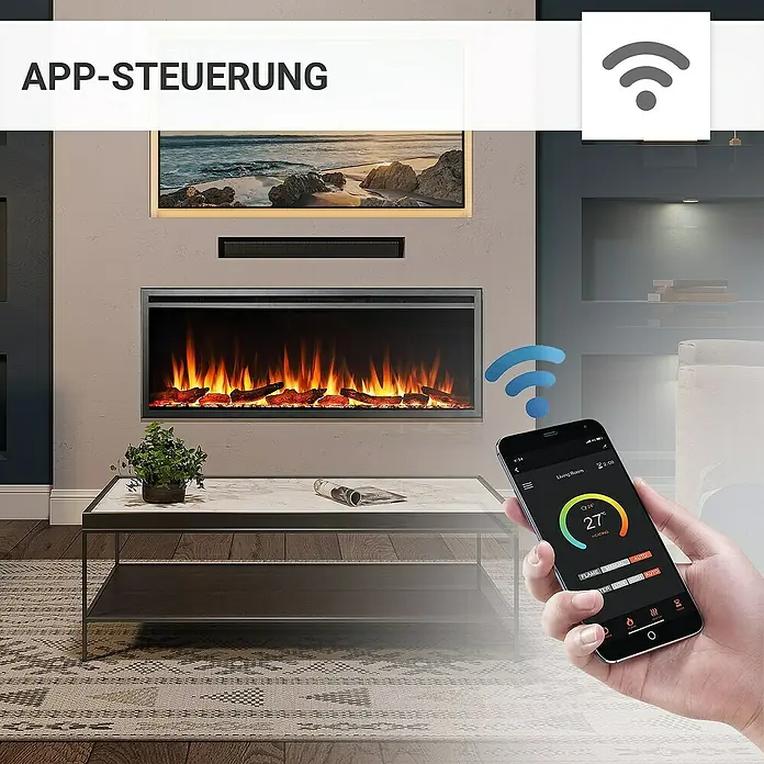 Balderia Elektrischer Kamin AT-50 3D-Flammeneffekt Wifi App - Schwarz, 127 x 14,6 x 48 cm - Intelligenter Elektrokamin mit App-Steuerung für gemütliche Wärme und Ambiente im Wohnzimmer.