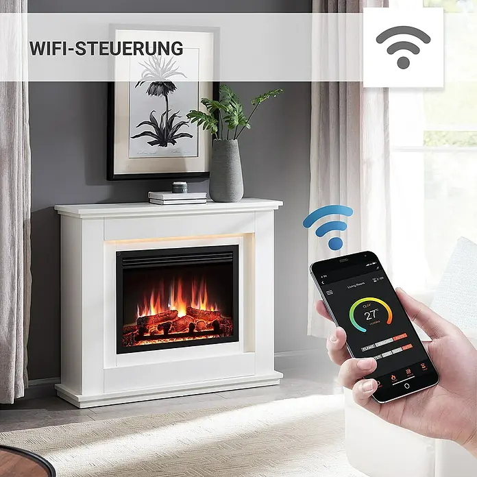 Balderia Elektrischer Kamin BA-AP 3D-Flammeneffekt Wifi App - Weiß, 100 x 27,9 x 82,5 cm - Ein weißer Elektrokamin mit Wi-Fi-Steuerung, gesteuert über ein Smartphone, für gemütliche Wärme und Atmosphäre.