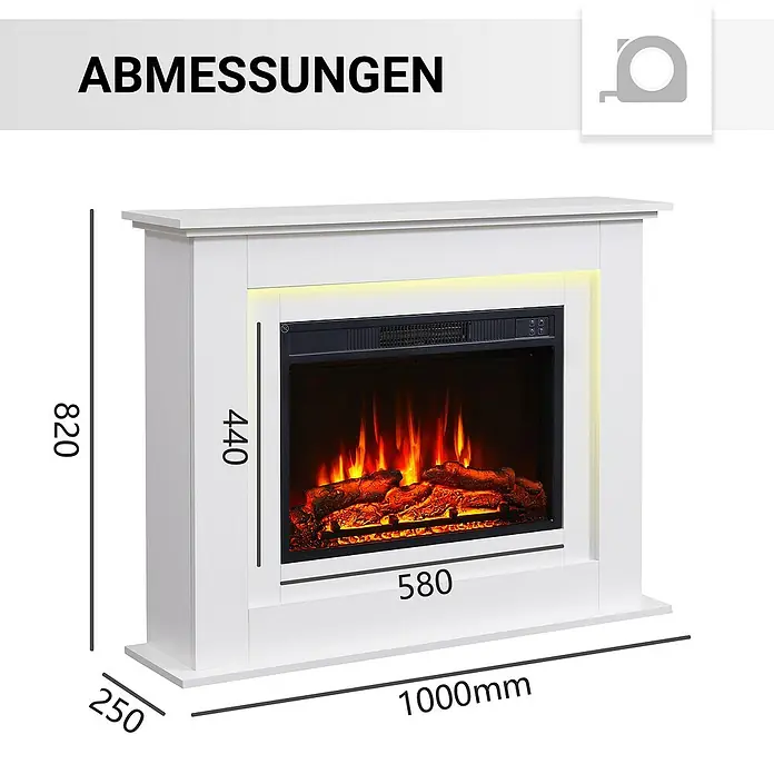 Balderia Elektrischer Kamin FI-WE 3D-Flammeneffekt - Weiß, 100 x 25 x 82 cm - Abbildung eines weißen Elektrokamins mit Maßangaben, die die Höhe (820), Breite (1000mm), Tiefe (250) und die Kamindimensionen (440/580) zeigen.