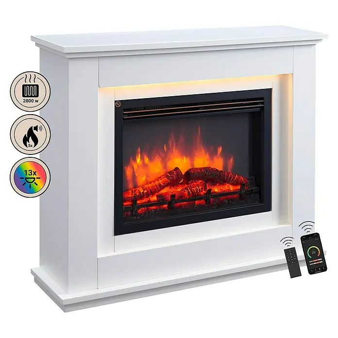 Balderia Elektrischer Kamin BA-AP 3D-Flammeneffekt Wifi App - Weiß, 100 x 27,9 x 82,5 cm - Dieser Kamin sorgt mit seinem weißen Gehäuse, den realistischen Flammen und der Farbwechselfunktion für eine warme Atmosphäre.