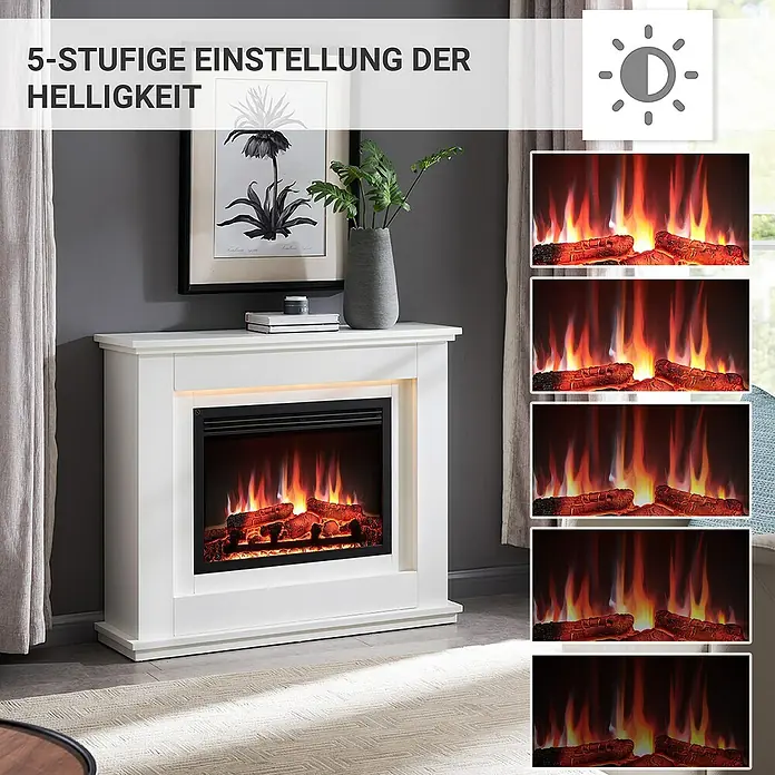 Balderia Elektrischer Kamin BA-AP 3D-Flammeneffekt Wifi App - Weiß, 100 x 27,9 x 82,5 cm - Weißer Elektrokamin mit 5-stufiger Helligkeitseinstellung für eine gemütliche Atmosphäre in jedem Raum.