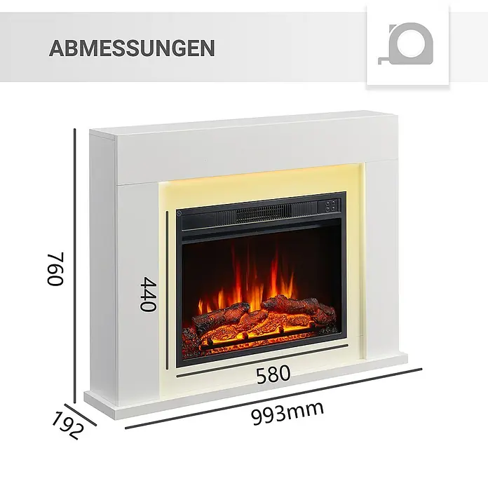 Balderia Elektrischer Kamin FD-WE 3D-Flammeneffekt - Weiß, 99,3 x 19,2 x 76 cm - Abmessungen des Elektrokamins. Der Kamin ist mit einer realistischen Flammenillusion ausgestattet und bietet eine gemütliche Atmosphäre.