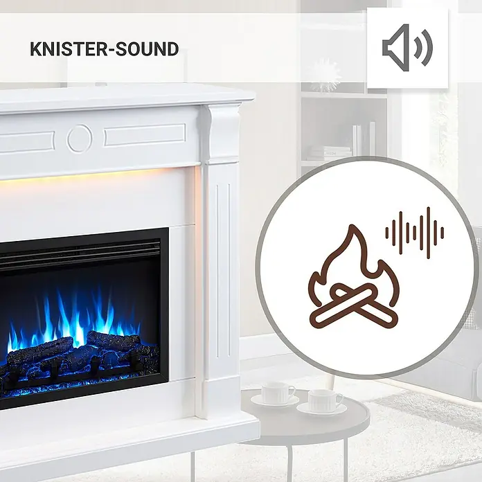 Balderia Elektrischer Kamin HI-AP 3D-Flammeneffekt Wifi App - Weiß, 110 x 31,4 x 98,8 cm - Das Bild zeigt einen elektrischen Kamin mit Knistereffekt für eine gemütliche Atmosphäre im Wohnzimmer.