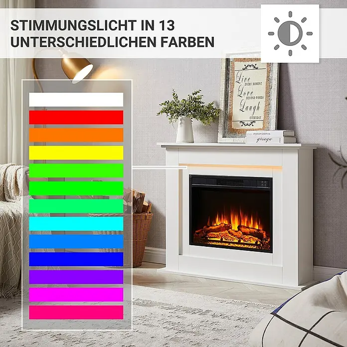 Balderia Elektrischer Kamin FI-WE 3D-Flammeneffekt - Weiß, 100 x 25 x 82 cm - Stimmungslicht mit 13 verschiedenen Farben. Der Kamin sorgt für eine gemütliche Atmosphäre mit vielfältigen Farboptionen.