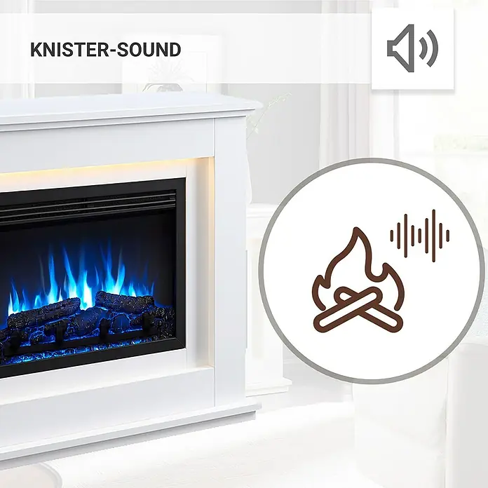 Balderia Elektrischer Kamin BA-AP 3D-Flammeneffekt Wifi App - Weiß, 100 x 27,9 x 82,5 cm - Das Bild zeigt einen Kamin mit "Knister-Sound"-Funktion, inklusive Lautsprechersymbol und Lagerfeuersymbol für das realistische Klangerlebnis.