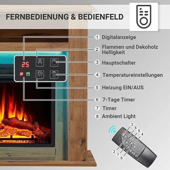 Balderia Elektrischer Kamin LI-EO 3D-Flammeneffekt - Dunkle Eiche, 100 x 25 x 82 cm - Nahaufnahme einer elektrischen Kaminsteuerung mit digitaler Anzeige und Tasten für Heizung, Temperatur und Timer-Funktionen.