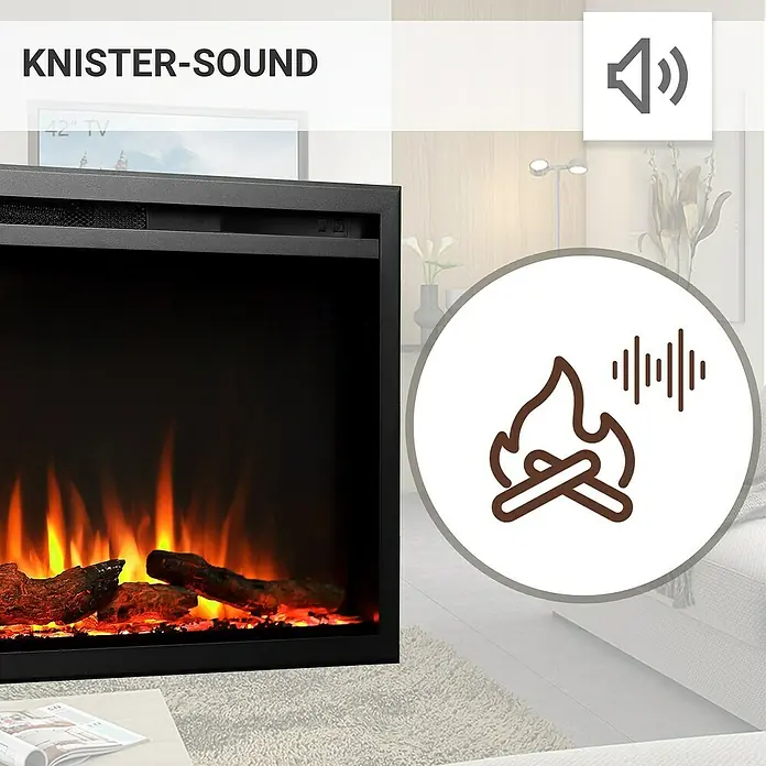 Balderia Elektrischer Kamin AT-50 3D-Flammeneffekt Wifi App - Schwarz, 127 x 14,6 x 48 cm - Elektro-Kamin mit Knistereffekt für eine gemütliche Atmosphäre.