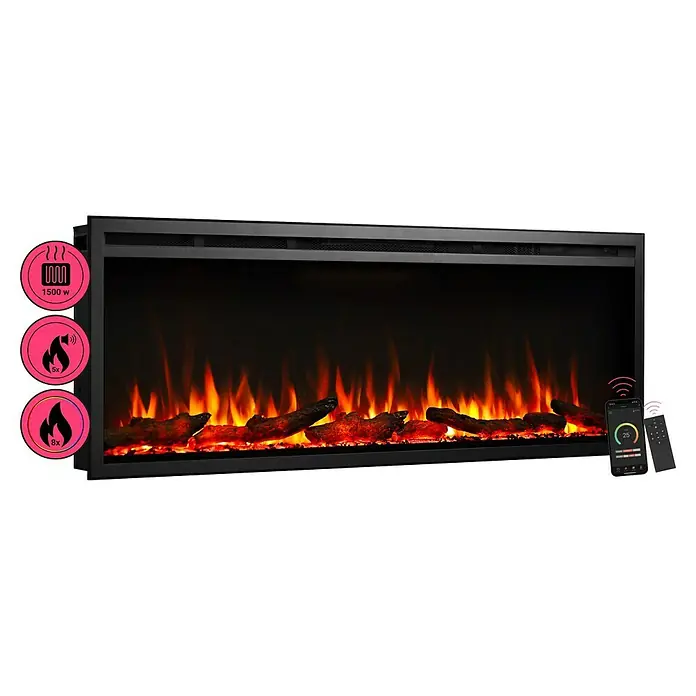 Balderia Elektrischer Kamin AT-50 3D-Flammeneffekt Wifi App - Schwarz, 127 x 14,6 x 48 cm - Abbildung eines elektrischen Kamineinsatzes mit verschiedenen Heiz- und Soundeinstellungen für eine gemütliche Atmosphäre.