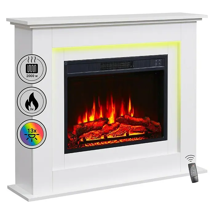 Balderia Elektrischer Kamin FI-WE 3D-Flammeneffekt - Weiß, 100 x 25 x 82 cm - Weißer Elektrokamin mit realistischen Flammen und Heizfunktion für eine gemütliche Atmosphäre in Ihrem Zuhause. Inklusive Fernbedienung.