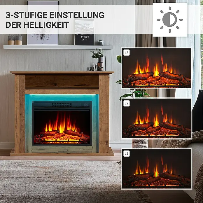 Balderia Elektrischer Kamin LI-EO 3D-Flammeneffekt - Dunkle Eiche, 100 x 25 x 82 cm - Das Bild zeigt einen Kamin mit drei Helligkeitseinstellungen, die die Intensität der Flammenoptik verändern.