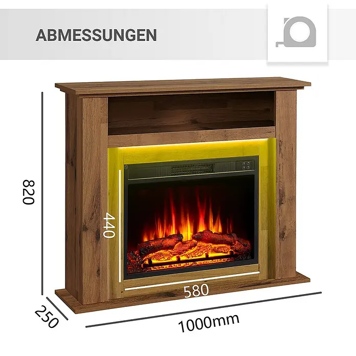 Balderia Elektrischer Kamin LI-EO 3D-Flammeneffekt - Dunkle Eiche, 100 x 25 x 82 cm - Abmessungen des Kamins: 1000 mm breit, 820 mm hoch und 250 mm tief. Der Kamineinsatz ist 580 mm breit und 440 mm hoch.