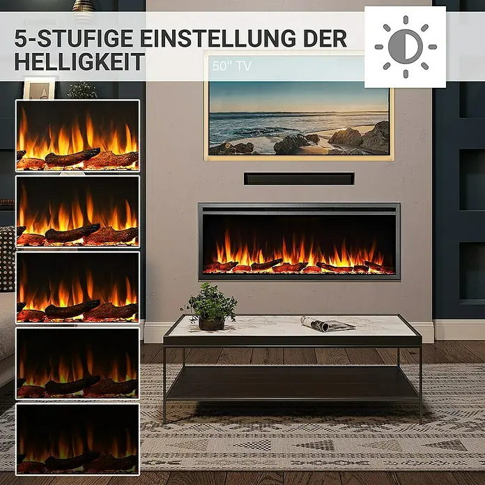 Balderia Elektrischer Kamin AT-50 3D-Flammeneffekt Wifi App - Schwarz, 127 x 14,6 x 48 cm - Elektrischer Kamin mit 5 Helligkeitsstufen. Der Kamin hat ein realistisches Flammenbild und simuliert eine gemütliche Atmosphäre.