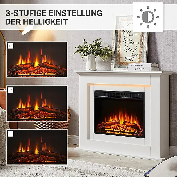 Balderia Elektrischer Kamin FI-WE 3D-Flammeneffekt - Weiß, 100 x 25 x 82 cm - Produktbild eines weißen Elektrokamins mit drei Helligkeitsstufen für eine gemütliche Atmosphäre in Ihrem Zuhause.