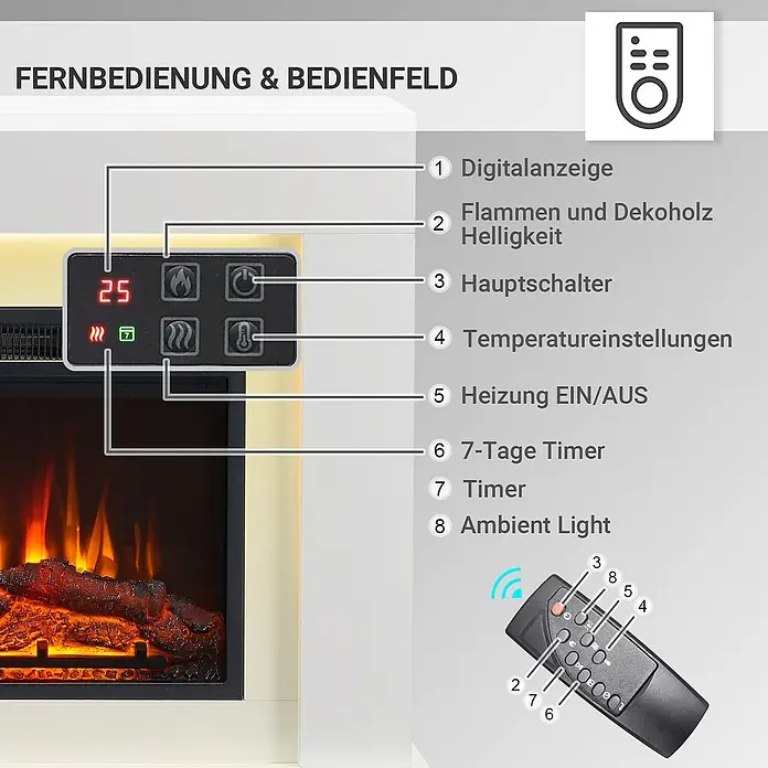 Balderia Elektrischer Kamin FD-WE 3D-Flammeneffekt - Weiß, 99,3 x 19,2 x 76 cm - Abbildung eines elektrischen Kaminofens mit Bedienelementen und Fernbedienung zur Steuerung von Heizung, Flammen und Timer.