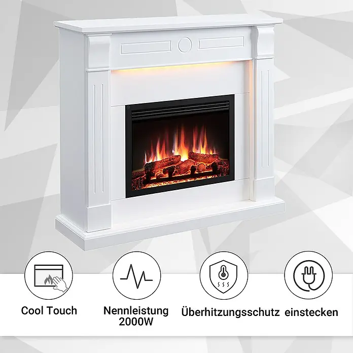 Balderia Elektrischer Kamin HI-AP 3D-Flammeneffekt Wifi App - Weiß, 110 x 31,4 x 98,8 cm - Das Bild zeigt einen weißen Elektrokamin mit simulierten Flammen, hervorgehoben durch Symbole für seine Funktionen wie Cool Touch und Überhitzungsschutz.