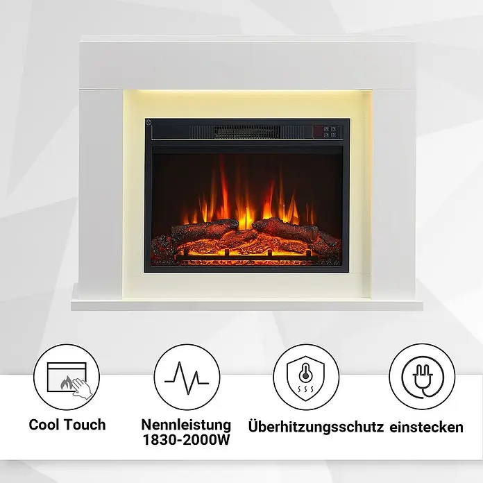 Balderia Elektrischer Kamin FD-WE 3D-Flammeneffekt - Weiß, 99,3 x 19,2 x 76 cm - Das Bild zeigt einen modernen, elektrischen Kamin mit weißem Rahmen und realistischen Flammeneffekten für eine gemütliche Atmosphäre im Raum.
