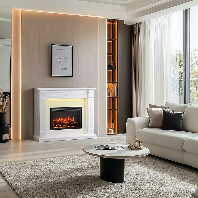 Balderia Elektrischer Kamin HI-AP 3D-Flammeneffekt Wifi App - Weiß, 110 x 31,4 x 98,8 cm - Elegantes Wohnzimmer mit weißem Elektrokamin, der eine warme Atmosphäre schafft. Der Kamin ist ein stilvoller Blickfang.