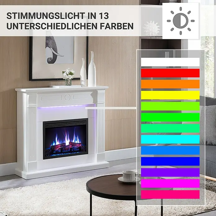 Balderia Elektrischer Kamin HI-AP 3D-Flammeneffekt Wifi App - Weiß, 110 x 31,4 x 98,8 cm - Stimmungsvolle Beleuchtung mit 13 verschiedenen Farben. Der Kamin mit Ambientebeleuchtung bietet ein gemütliches Ambiente.