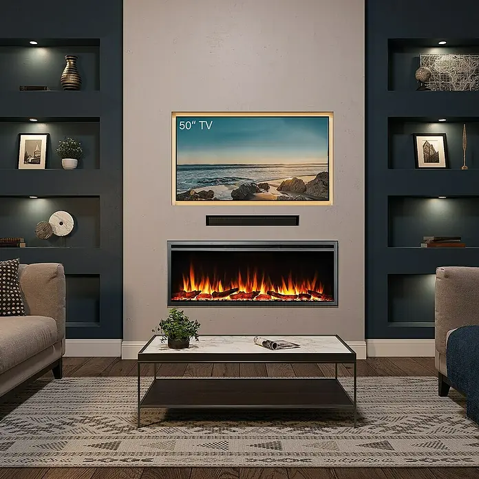 Balderia Elektrischer Kamin AT-50 3D-Flammeneffekt Wifi App - Schwarz, 127 x 14,6 x 48 cm - Elegantes Wohnzimmer mit modernem Kamin, eingebautem Fernseher und stilvollen Dekorationselementen in den Regalen.