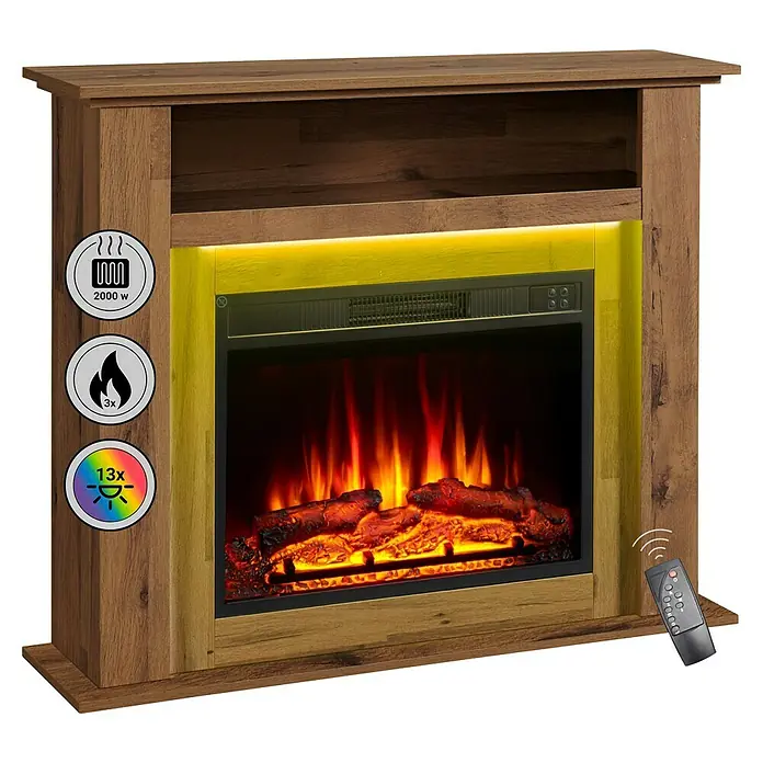 Balderia Elektrischer Kamin LI-EO 3D-Flammeneffekt - Dunkle Eiche, 100 x 25 x 82 cm - Nahaufnahme eines modernen elektrischen Kamins mit Holzrahmen, simulierten Flammen und Fernbedienung zur Steuerung.