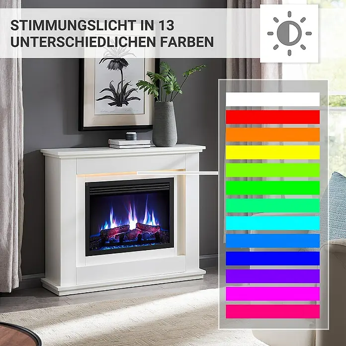 Balderia Elektrischer Kamin BA-AP 3D-Flammeneffekt Wifi App - Weiß, 100 x 27,9 x 82,5 cm - Dekorativer Elektrokamin mit 13 stimmungsvollen Farboptionen, die eine gemütliche Atmosphäre schaffen.