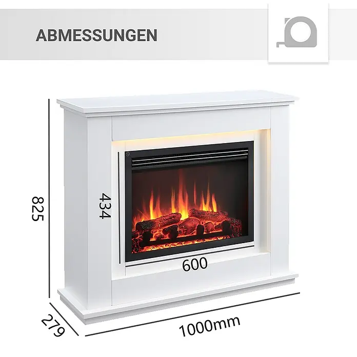 Balderia Elektrischer Kamin BA-AP 3D-Flammeneffekt Wifi App - Weiß, 100 x 27,9 x 82,5 cm - Abbildung eines weißen Elektrokamins mit den Maßen 825 x 1000 x 279 mm.