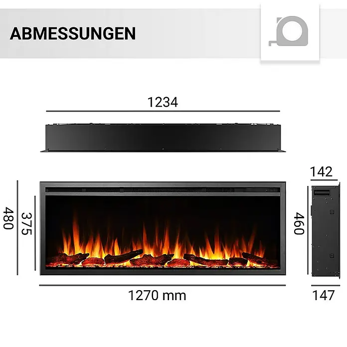 Balderia Elektrischer Kamin AT-50 3D-Flammeneffekt Wifi App - Schwarz, 127 x 14,6 x 48 cm - Abmessungen eines modernen elektrischen Kamins mit realistischen Flammen und Holzscheit-Dekor für gemütliche Wärme.