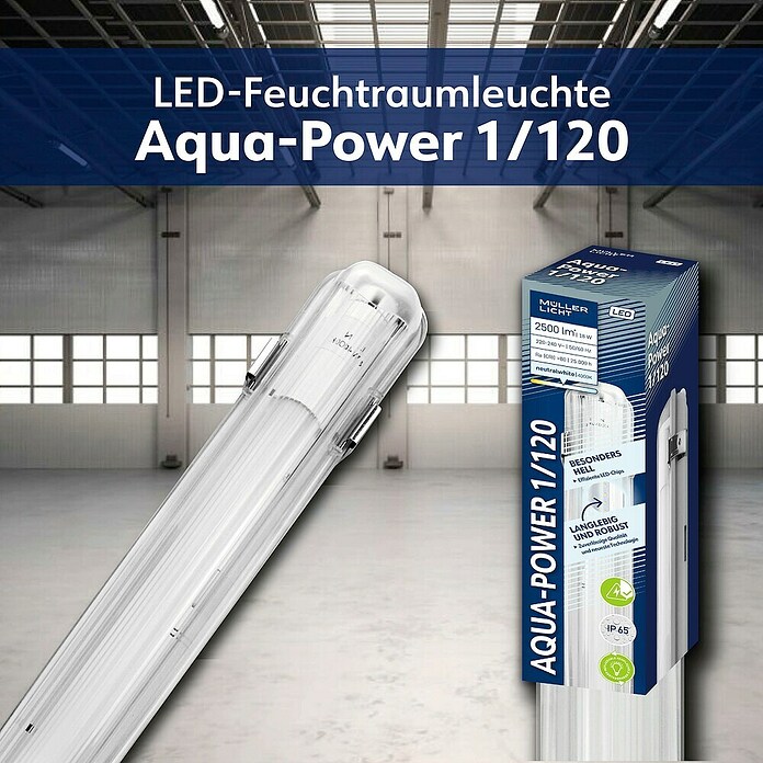 Müller-Licht LED-Feuchtraumlichtleiste Aqua-Power (L x B x H: 1 265 x 72 x 86 mm, Lichtfarbe: Neutralweiß, 18 W, IP65) | BAUHAUS