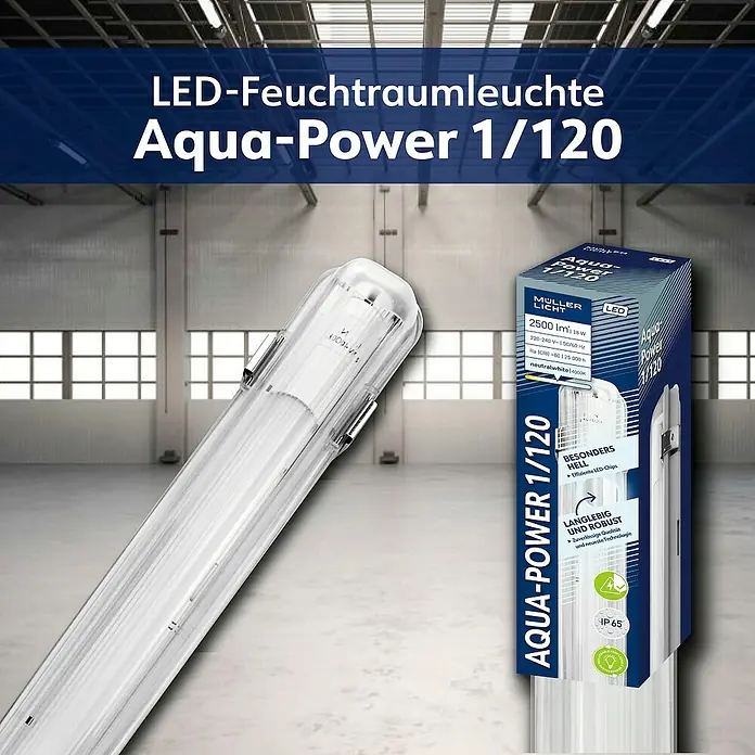 Müller-Licht LED-Feuchtraumlichtleiste Aqua-Power - L x B x H: 1.265 x 72 x 86 mm, Lichtfarbe: Neutralweiß, 18 W, IP65 - Feuchtraumleuchte Aqua-Power 1/120. Inklusive Verpackung mit technischen Daten wie Lumen, Watt und Farbtemperatur.