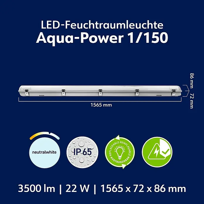 Müller-Licht LED-Feuchtraumlichtleiste Aqua-Power - L x B x H: 1.565 x 72 x 86 mm, Lichtfarbe: Neutralweiß, 22 W, IP65 - Abbildung einer LED-Feuchtraumleuchte Aqua-Power 1/150 mit den Maßen 1565 x 72 x 86 mm, neutralweiß, IP65-Schutzart und austauschbaren Leuchtmitteln.
