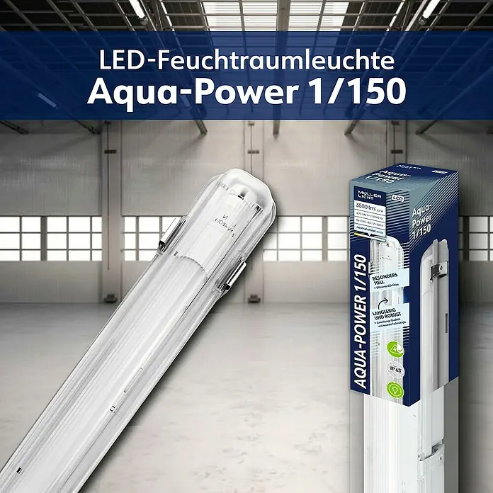 Müller-Licht LED-Feuchtraumlichtleiste Aqua-Power - L x B x H: 1.565 x 72 x 86 mm, Lichtfarbe: Neutralweiß, 22 W, IP65 - Das Bild zeigt eine LED-Feuchtraumleuchte Aqua-Power 1/150 mit Verpackung, ideal für feuchte Umgebungen und hohe Lichtleistung.