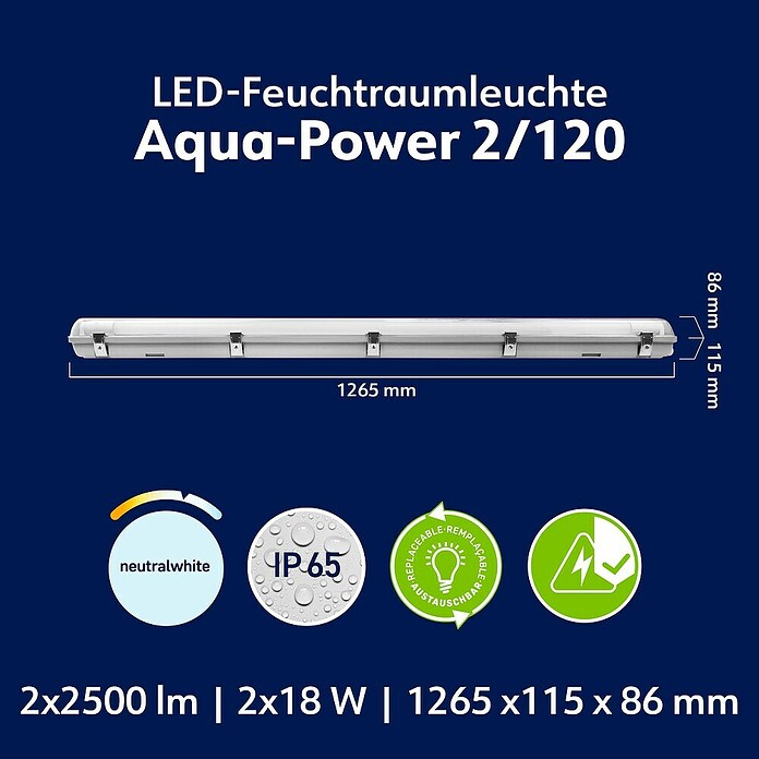 Müller-Licht LED-Feuchtraumlichtleiste Aqua-Power (L x B x H: 1 265 x 115 x 86 mm, Lichtfarbe: Neutralweiß, 36 W, IP65) | BAUHAUS