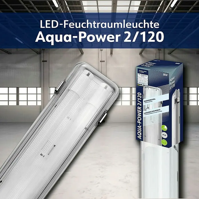 Müller-Licht LED-Feuchtraumlichtleiste Aqua-Power - L x B x H: 1.265 x 115 x 86 mm, Lichtfarbe: Neutralweiß, 36 W, IP65 - Abbildung einer LED-Feuchtraumleuchte Aqua-Power 2/120 mit Verpackung. Ideal für Feuchträume, robust und langlebig.