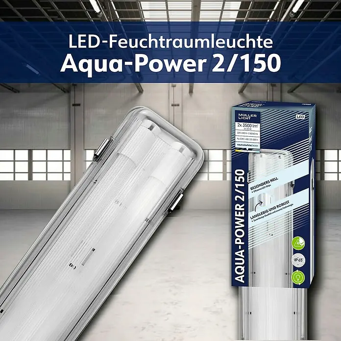 Müller-Licht LED-Feuchtraumlichtleiste Aqua-Power - L x B x H: 1.565 x 115 x 86 mm, Lichtfarbe: Neutralweiß, 44 W, IP65 - LED-Feuchtraumleuchte Aqua-Power 2/150, ideal für feuchte Umgebungen. Energieeffizient und langlebig, mit hoher Lichtausbeute.