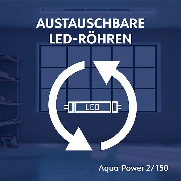 Müller-Licht LED-Feuchtraumlichtleiste Aqua-Power - L x B x H: 1.565 x 115 x 86 mm, Lichtfarbe: Neutralweiß, 44 W, IP65 - AUSTAUSCHBARE LED-RÖHREN im Kreislauf dargestellt. Aqua-Power 2/150.
