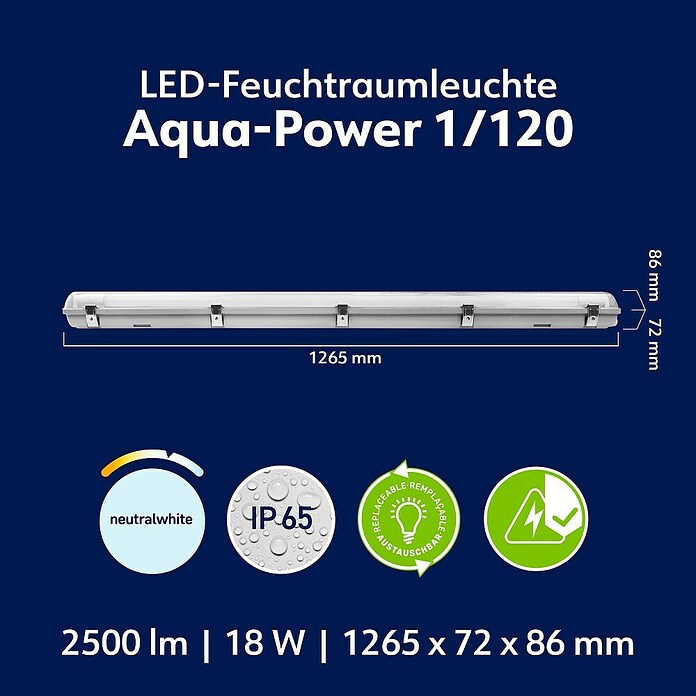 Müller-Licht LED-Feuchtraumlichtleiste Aqua-Power (L x B x H: 1 265 x 72 x 86 mm, Lichtfarbe: Neutralweiß, 18 W, IP65) | BAUHAUS