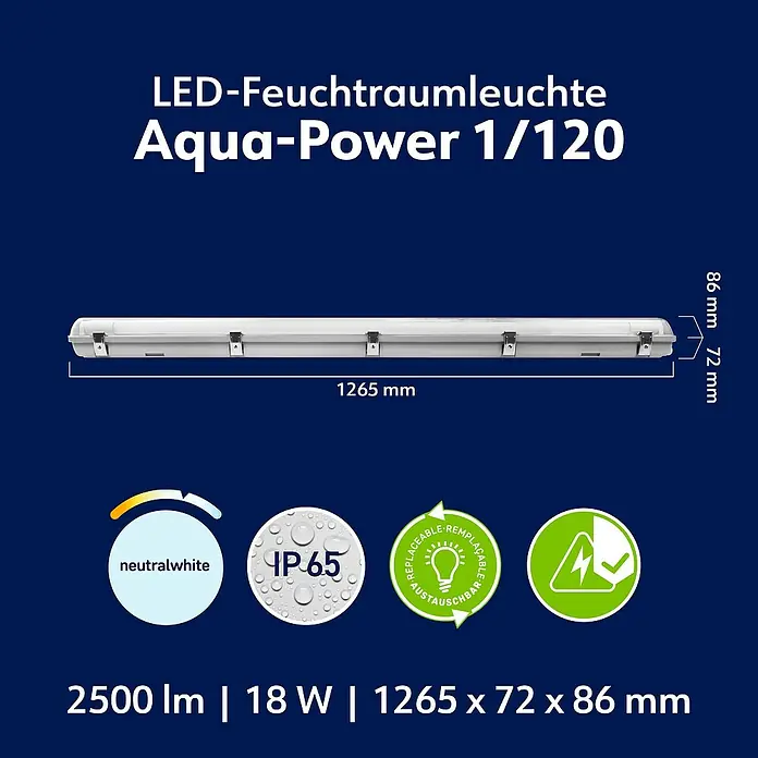 Müller-Licht LED-Feuchtraumlichtleiste Aqua-Power - L x B x H: 1.265 x 72 x 86 mm, Lichtfarbe: Neutralweiß, 18 W, IP65 - Darstellung einer LED-Feuchtraumleuchte Aqua-Power 1/120 mit technischen Details wie Maße, Lichtfarbe, Schutzart und Leistung.