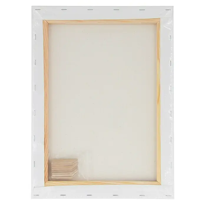 Glorex Keilrahmen Art 4 You - 40 x 30 cm, 3-fach grundiert, 330 g/m² - Nahaufnahme einer Keilrahmenleinwand mit Holzkeilen, noch in Folie verpackt, ideal für Künstler und Hobbybastler.
