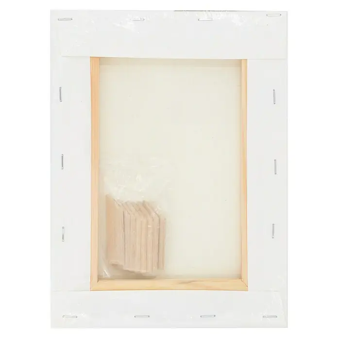 Glorex Keilrahmen Art 4 You - 24 x 18 cm, 3-fach grundiert, 330 g/m² - Rückseite einer Leinwand, die die Holzkeile zum Spannen der Leinwand und die Heftklammern zeigt, mit denen die Leinwand befestigt ist.