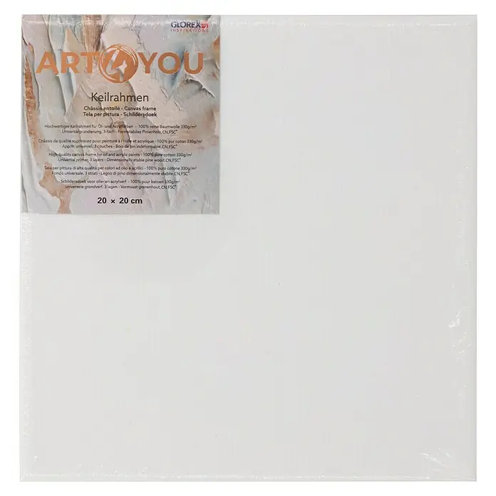 Glorex Keilrahmen Art 4 You - 20 x 20 cm, 3-fach grundiert, 330 g/m² - Ein 20x20 cm großer GLOREX Keilrahmen 'ART 4 YOU' aus Baumwolle, ideal für Öl- und Acrylmalerei mit Universalgrundierung und formstabilem Holzrahmen.